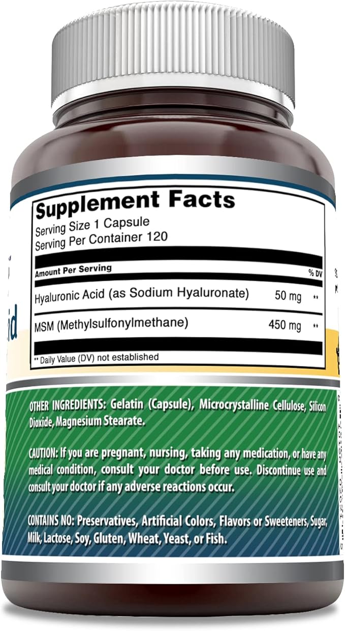 Amazing Formulas Hyaluronic Acid & MSM Supplement | 500 Mg | 120 Capsules | Non-GMO | Gluten-Free | Made in USA