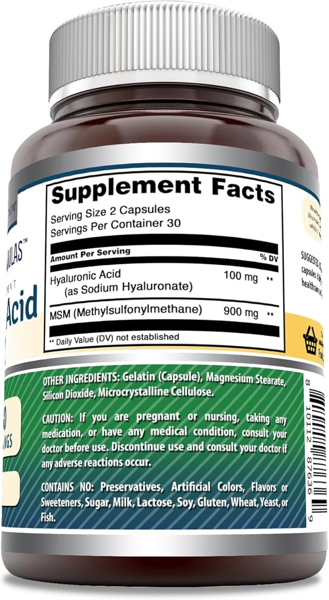 Amazing Formulas Hyaluronic Acid & MSM Supplement | 1000 Mg Per Serving | Capsules | Non-GMO | Gluten Free | Made in USA (1 Pack, 60 Count)