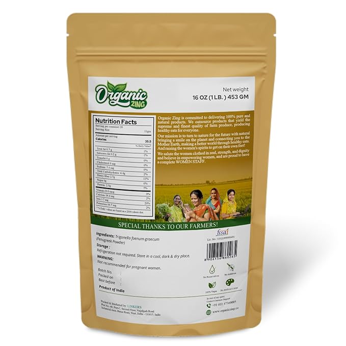 Organic Fenugreek Powder Also Known As Methi Seed Powder, Trigonella Foenum-Graecum | USDA Certified | Vegan | Preservative Free | Product of India - 453g Resealable Pack