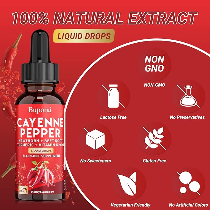 Cayenne Pepper Drops, Cayenne Pepper Extract Liquid Supplement for Overall Well-Being, 2 fl oz, Vitamin D3 K2 Beet Root Powder