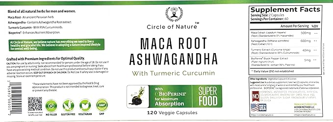 Maca Root, Ashwagandha Root Extract, Capsules for Men & Women with Turmeric Curcumin and Bioperine 120 Capsules Made in USA