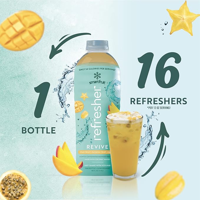 Revive Refresher - Star Fruit, Passion Fruit, Mango – Made with Real Fruit and No Added Sugar – Low Cal, Hydrating Coconut Water, and Natural Energy (48oz Bottle)