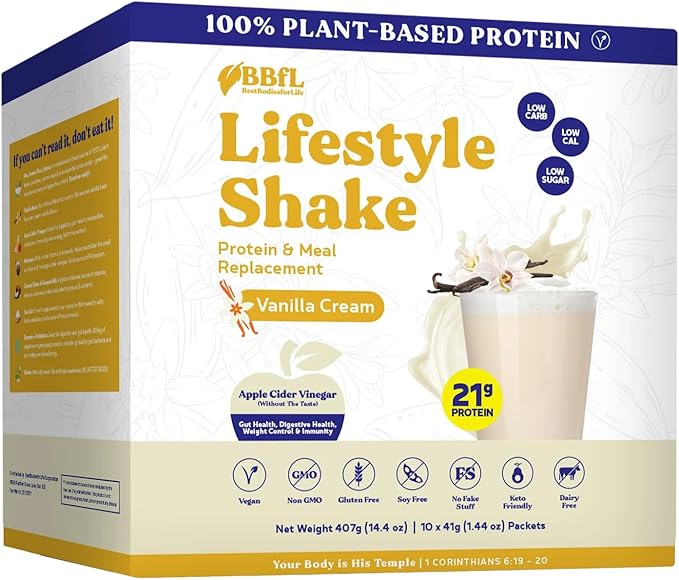 Meal Replacement Shakes, 21g Protein, Vegan Plant Based Protein Powder, Apple Cider Vinegar, Digestive Enzymes, All in One Shake for Women & Men (10 Servings, Vanilla Cream)