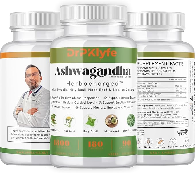 Ashwagandha Complex 5-1 Blend with Rhodiola Rosea Supplement, Maca Root, Holy Basil, Siberian Ginseng for Stress Relief, Focus, Sleep, Energy, Vitality - 180 Capsules