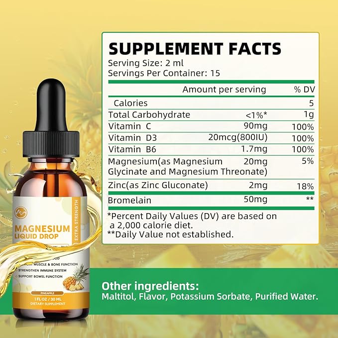 (2 Pack) M inch Magnesium Glycinate Liquid Drop, High Absorption Liquid Magnesium Complex with Bromelain, VitaminC,D3,B6 & Zinc, Threonate Supplement for Night, Mood, Muscle & Bone Support