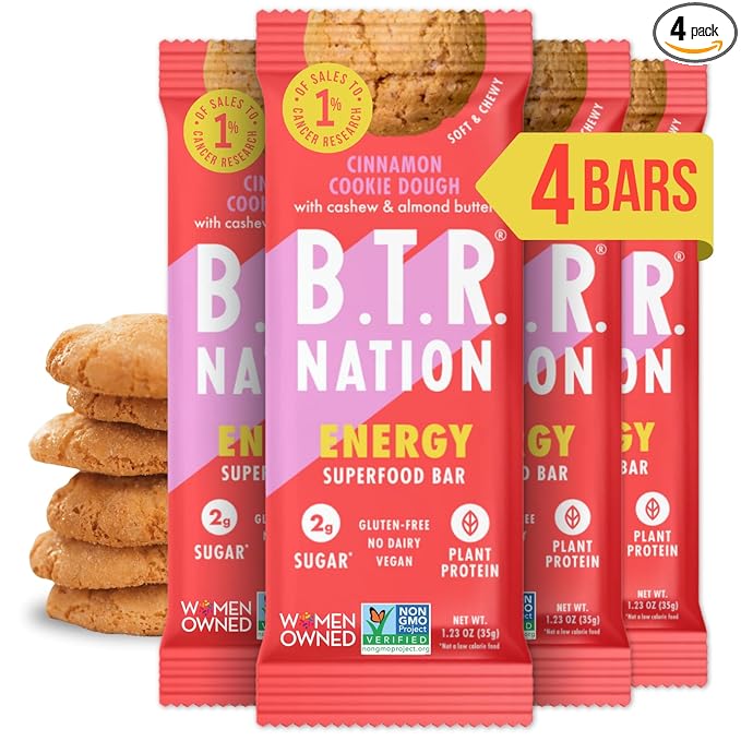 B.T.R. Nation Superfood Keto Protein Bars - Cinnamon Cookie Dough ENERGY | (4 Pack) | Plant Based Vegan Protein, Low Carb Food, Low Calorie, Gluten Free, No Sugar Alcohols, Boosted with Superfoods