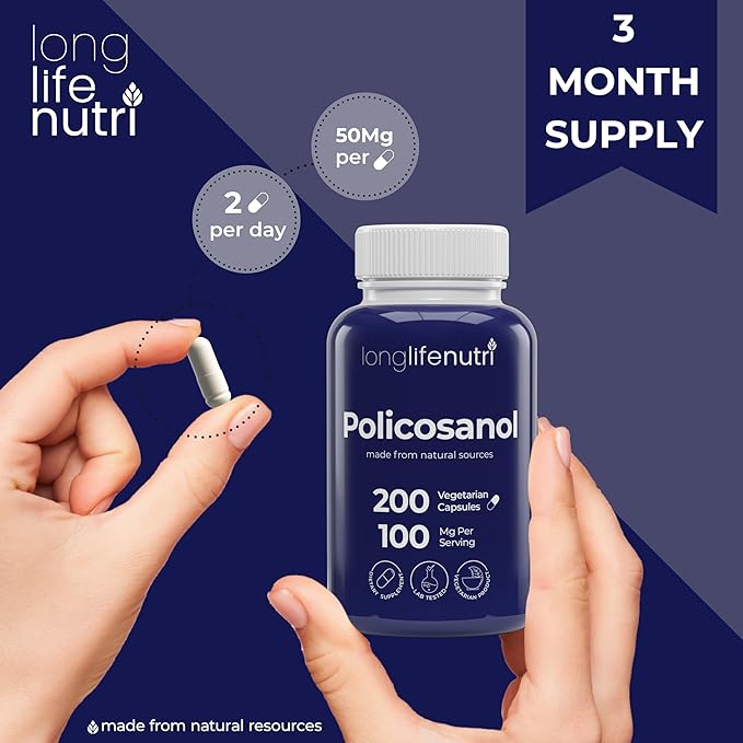 Policosanol 100mg - 200 Vegetarian Capsules, Natural Sugar Cane Supplement for Balanced Cholesterol, 3-Month Supply, Non-GMO, Lab Tested, Made in USA
