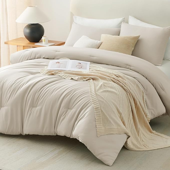 CozyLux Oatmeal Comforter Set Full Size, 3 Pieces Solid Breathable Quilted Style Bedding Sets, Luxury Fluffy Soft Microfiber Comforter for All Season (1 Comforter & 2 Pillowcases)