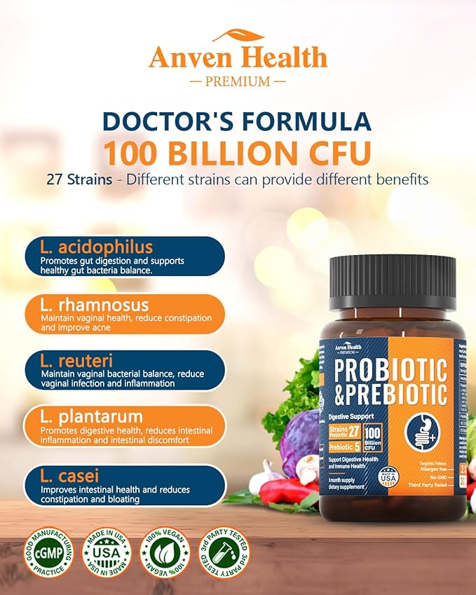 100 Billion Probiotics for Gut & Immune Health + Apigenin 200mg with L-Theanine 400mg for Relaxation & Stress Support | 27 Strains, Vegan, Non-GMOไธจ120Caps + 60 Veggie Caps