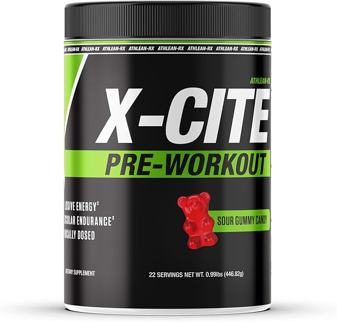 X-CITE Pre-Workout by ATHLEAN-X - Enhanced Formula with Beta-Alanine, Creatine & Caffeine for Ultimate Energy, Endurance, Focus & Muscle Pump, NSF Certified (22 Servings, Sour Gummy Bear)