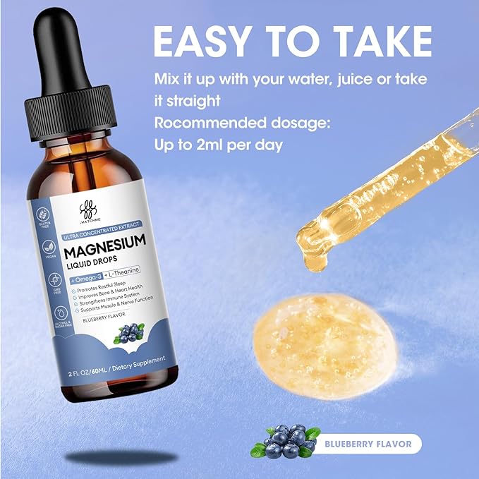 (2 Pack) Magnesium Glycinate Liquid Drop with Citrate, Oxide and Taurate, Calm Magnesium with Omega3, L-Theanine, D3, B6, B12 for Calm, Sleep, Leg Cramps, Muscles, Energy, Sugar-Free Blueberry Flavor