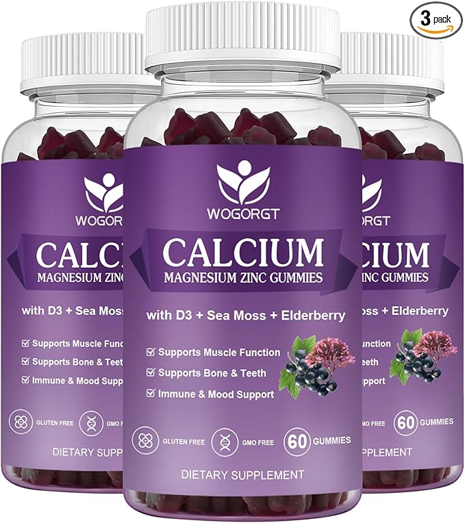Calcium Magnesium Zinc Gummies with Vitamin D3 - High Absorption Complex Calcium Supplement with Sea Moss, Elderberry for Bone, Muscles, Immune, Mood & Sleep Support, Vegan - 60 Gummies (3 Pack)
