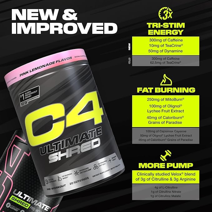 Cellucor C4 Ultimate Shred Pre Workout Powder, Metabolism Supplement with Cayenne Extract+300mg Caffeine+TeaCrine+Dynamine - Cherry Limeade, 20 Servings