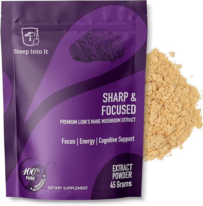 Organic Lions Mane Mushroom Supplement - Lions Mane Extract Powder for Mental Clarity, Focus and Cognitive Function (45g, 30 Servings) - Sharp & Focused