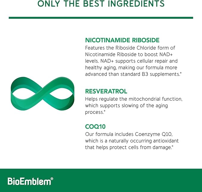 BioEmblem NAD+ Supplement | 300 mg Nicotinamide Riboside with CoQ10 & Resveratrol | Supports Healthy Aging, Cellular Energy and Cognitive Function | Non-GMO, Gluten Free - 45 Capsules