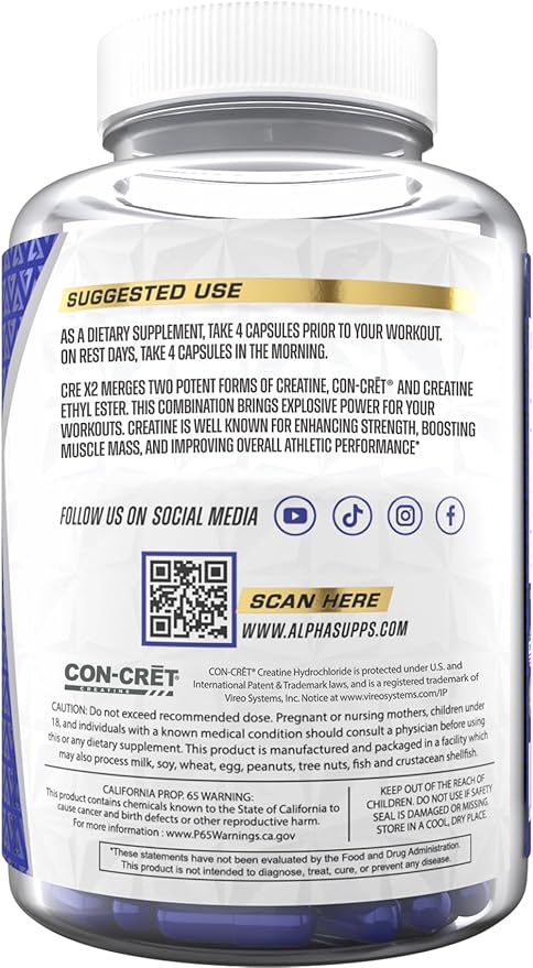 Cre X2 Creatine Formula - CON-CRĒT® Creatine Hcl & CEE Ethyl Ester Blend - High-Potency for Enhanced Performance & Muscle Building Support - 120 Capsules