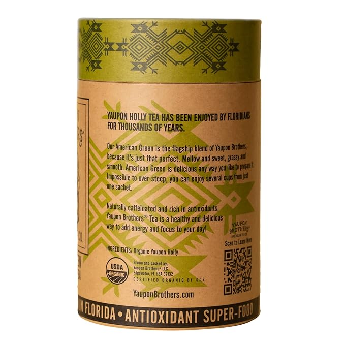 Yaupon Brothers American Green Yaupon Tea - 16 Eco-Friendly Organic Green Tea Bags Crafted from Antioxidant Rich Yaupon Organic Leaves - Caffeinated in Fiber Bags