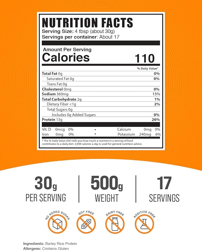 BulkSupplements.com Barley Rice Protein Powder - Vegan Protein Powder - Unflavored & Dairy Free, 30g per Serving, 500g (1.1 lbs) (Pack of 1)