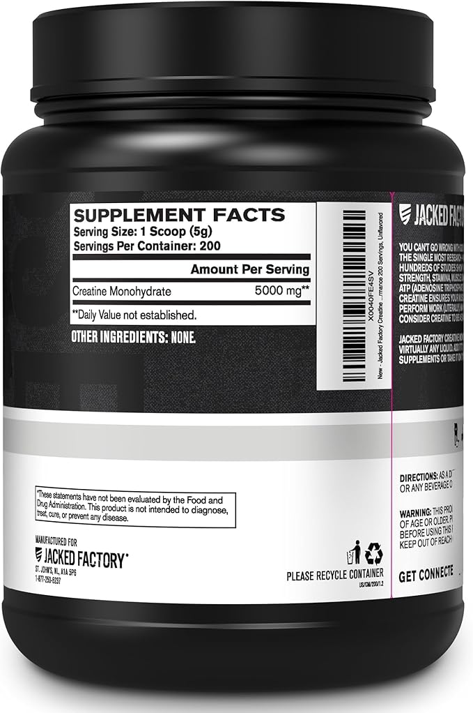 Jacked Factory Creatine Monohydrate Powder 1000g - Creatine Supplement for Muscle Growth, Increased Strength, Enhanced Energy Output and Improved Athletic Performance 200 Servings, Unflavored