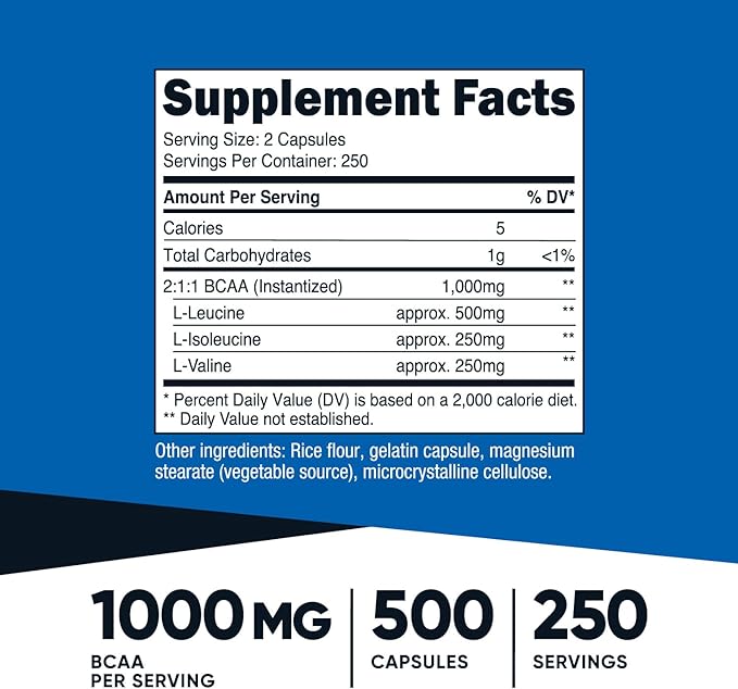 Nutricost BCAA 1000mg, 500 Capsules (250 Serv), 2:1:1 Branched Chain Amino Acids (500mg of L-Leucine, 250mg of L-Isoleucine and L-Valine) (2 Bottles)