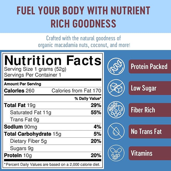 Mammoth Bar Macadamia Coconut Bar - 10 Organic Protein Bars – Prebiotic • Paleo • Gluten Free • Egg Protein • GMO Free • Raw • Premium Nuts