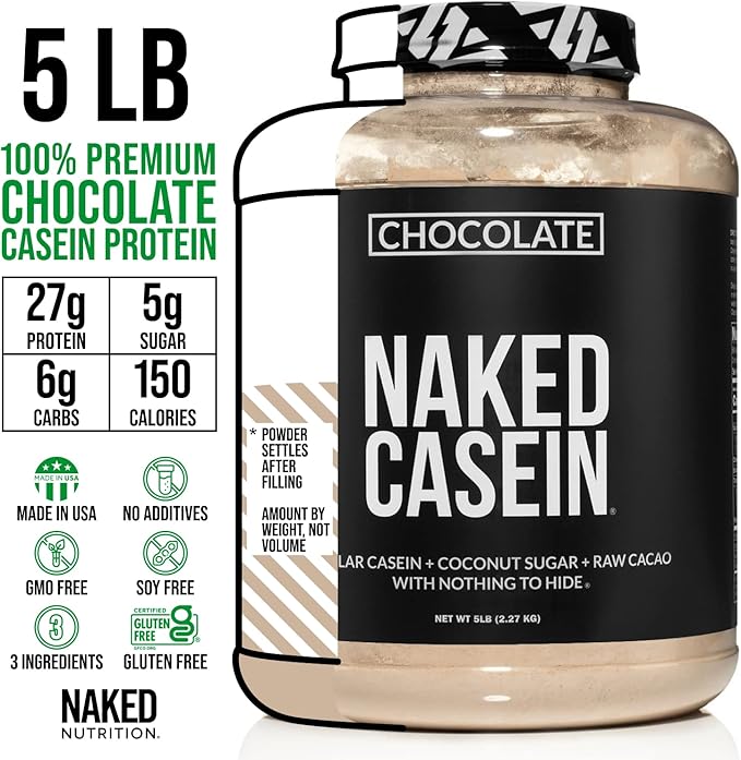 Naked Chocolate Casein - Chocolate Micellar Casein Protein - 5 Pound Bulk, GMO-Free, Gluten-Free, Soy-Free, Preservative-Free - Stimulate Muscle Growth - Enhance Recovery - 60 Servings