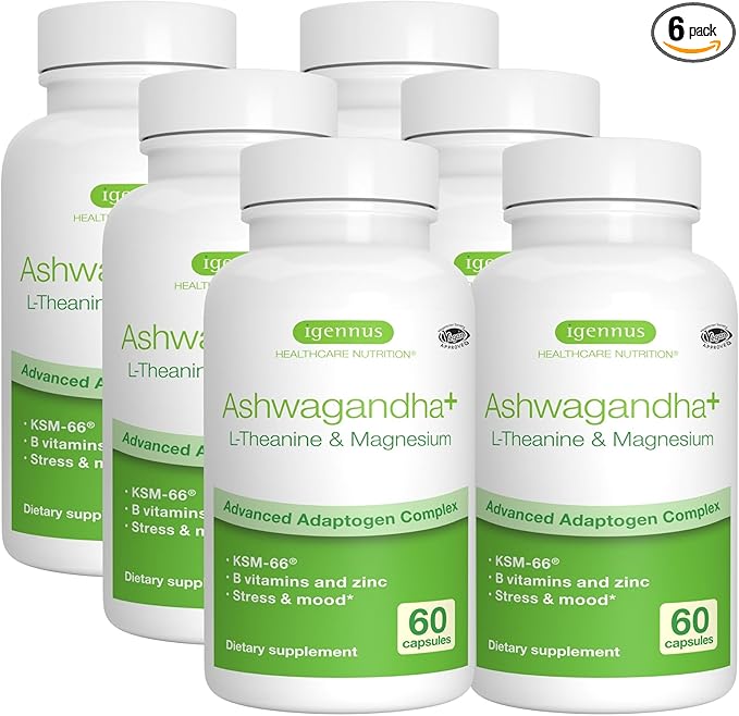 Igennus High Strength Ashwagandha Stress Relief Complex, L-Theanine & Magnesium & KSM-66 Root Extract Adaptogens, Methylated B Vitamins, Calm & Sleep Support, Clean Label, 360 Vegan Capsules