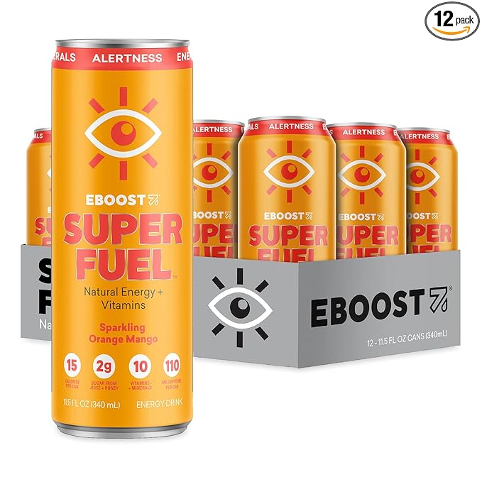 EBOOST Super Fuel Clean Energy Drink - Orange Mango - 12 Pack x 11.5 Fl Oz - Natural Caffeine from Coffee and Green Tea - Essential Electrolytes, Nootropics, and Vitamins - Sports Preworkout Drink