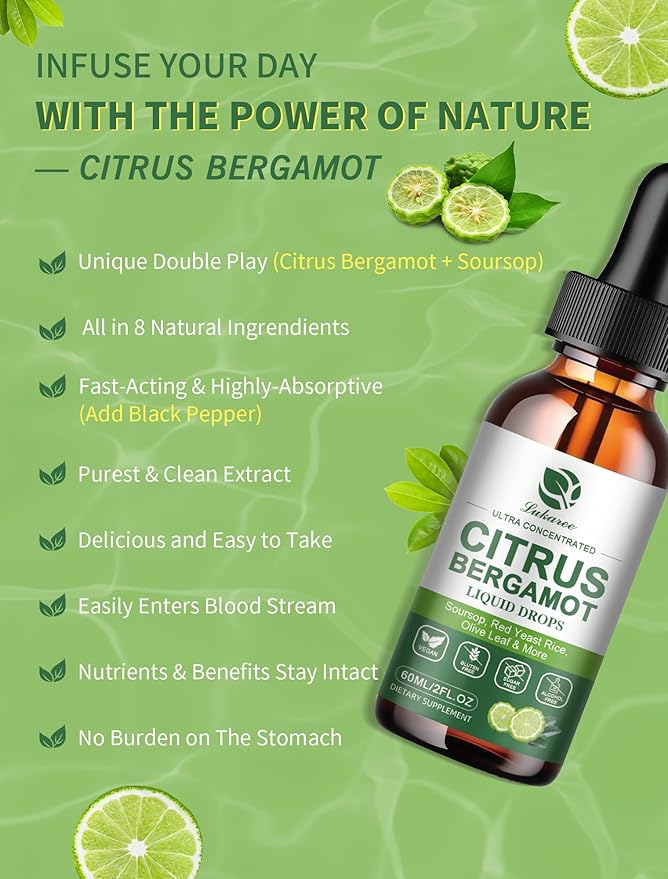 Citrus Bergamot Liquid Drops - Natural Supplement with Soursop, Red Yeast Rice, Garlic, Olive Leaf, Black Pepper - High Absorption - Support Overall Wellness* - Soursop Bitters Liquid, 2 Fl Oz