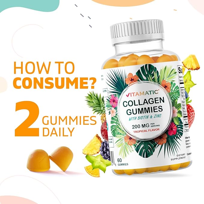 Vitamatic 2 Packs Hydrolyzed Collagen Gummies with Vitamin C, Zinc and Biotin, 200 mg - 60 Gummies (Total 120 Count)
