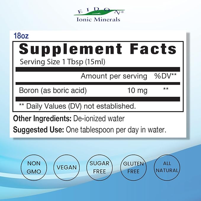 Eidon Ionic Minerals Liquid Boron Drops - Ionic Mineral Boron Supplement, Essential Element to Support Brain and Bone Health, Bioavailable, No Preservatives or Additives - 18 oz