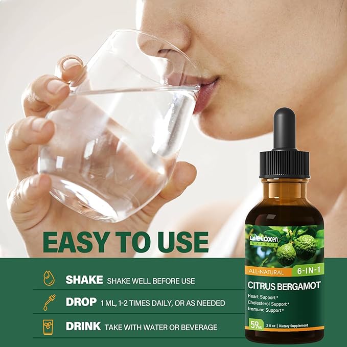 Citrus Bergamot Exrtact Supplement for High Cholesterol, High and Fast Absorption, 6-in-1 Blend Herbal Drops for Heart & Immune Support w/Grape Seed, Garlic Extract. 2oz