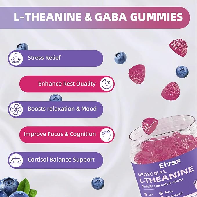 Liposomal L Theanine Gummies, Chewable L-Theanine 400mg with GABA Supplement for Kids & Adults, Stress Relief, zzZ and Relaxation, Focus Support, Natural Blueberry Flavor, 60 Count