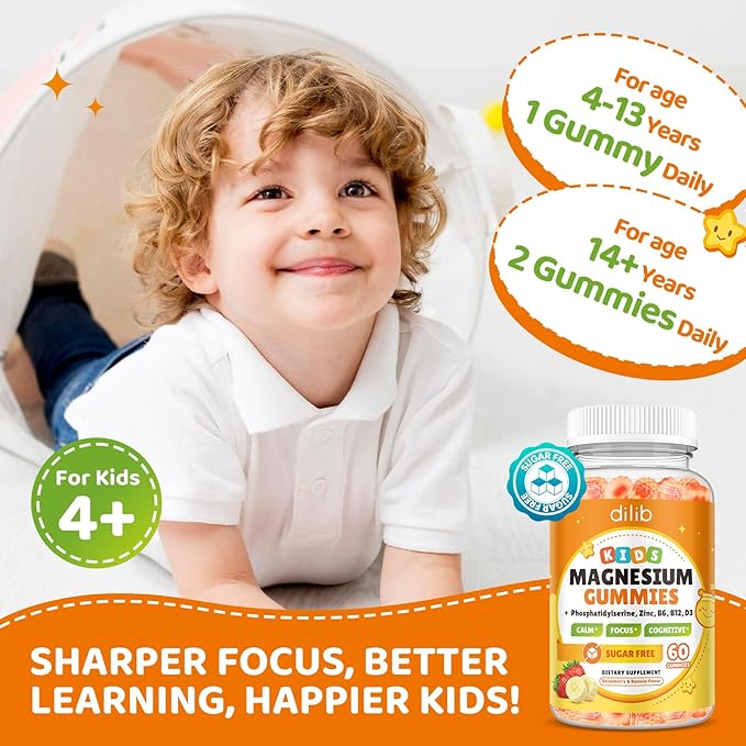 Magnesium Glycinate Gummies for Kids, Brain Supplement for Memory and Focus with Phosphatidylserine, L-Theanine, Zinc for Kids & Adults Sleep Cognition Calm, Strawberry & Banana Flavor 60ct