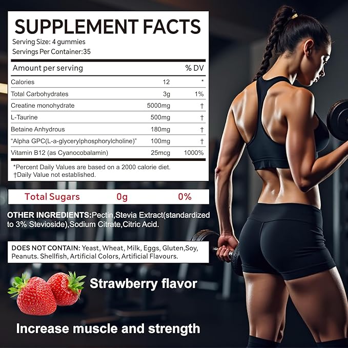 Creatine Monohydrate Gummies for Men & Women, 140 Gummies, Strength and Endurance Enhancing Creatine Gummies, Gluten Free, Sugar Free, Strawberry Flavor