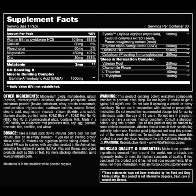 Animal PM - Sleep Aid for Adults Non-Habit Forming Relaxation Enhancer and Mood Support with Melatonin, L-Theanine, Zylaria, Zinc, Magnesium, Vitamin B6, GABA + AKG Anabolic Stack Supply, 30 Count