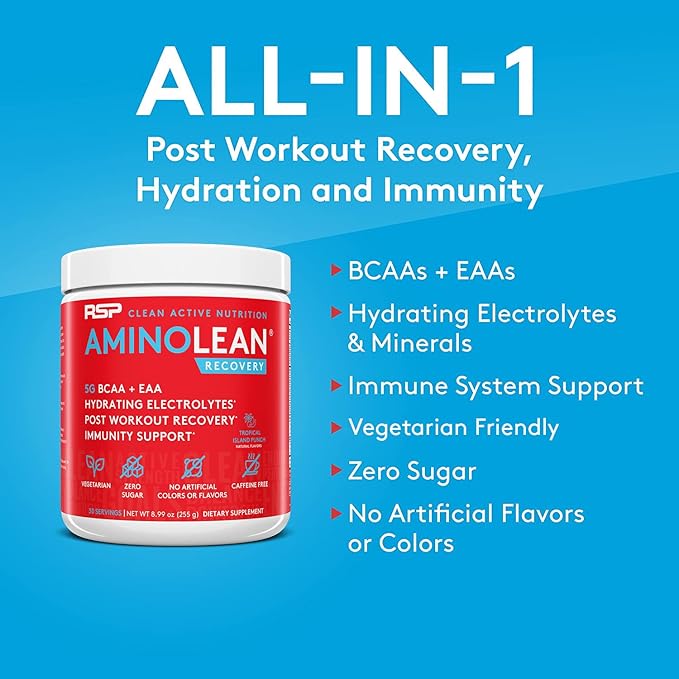 RSP AminoLean Recovery - Post Workout BCAAs Amino Acids Supplement + Electrolytes, BCAAs and EAAs for Hydration Boost, Immunity Support - Muscle Recovery Drink, Vegan Aminos, Tropical Punch