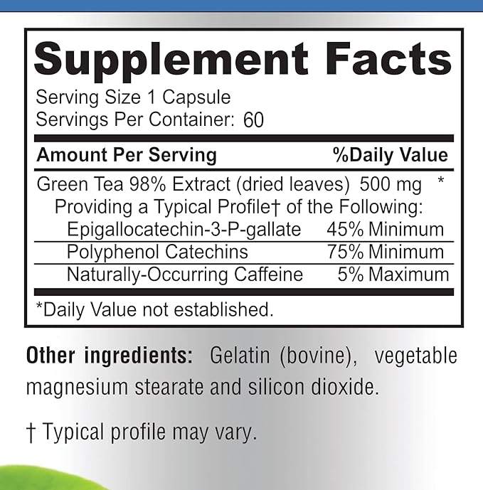 Green Tea Extract 98% - 3X Strength, 75% Polyphenol Catechins, 45% EGCG, Super Antioxidant - 60 Capsules