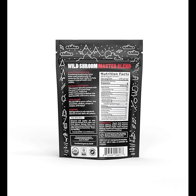 Wild Foods Wild Mushroom Blend-Supercharged Reishi, Chaga, Cordyceps, Turkey Tail and Lion’s Mane - 4Oz Pack- Adaptogenic Stress Reducer for Increased Mental Clarity-Nootropic Liquid Blend for Coffee