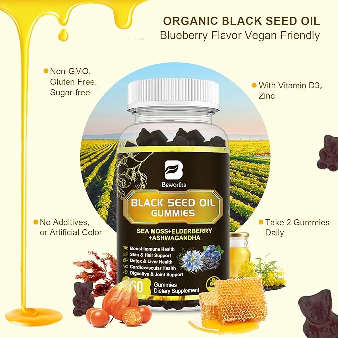 Black Seed Oil & Sea Moss Gummies, 2Pack Irish Sea Moss Gummies with Black Seed Oil, Ashwagandha Extract, Elderberry, Turmeric, Vitamin C, Vitamin D3 - Immune Support, Joints, Digestion, Hair & Skin