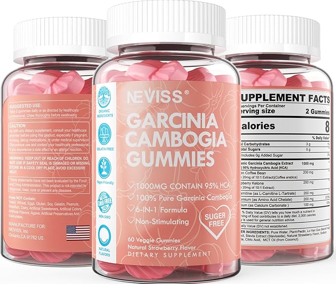 Sugar Free Garcinia Cambogia Gummies 1000mg 95% HCA Pure Extract with L-Carnitine, Raspberry Ketone, Chromium, Green Coffee Bean for Metabolism, 100% Organic Extract, Vegan, Strawberry Flavor 60 Cts