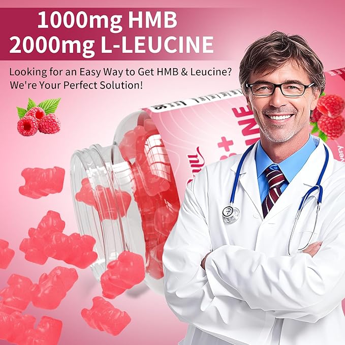HMB and Leucine Gummies 3000mg, Leucine Amino Acid HMB Supplements for Men & Women for Muscle Growth, Muscle Relief and Workout Recovery, Sugar Free Vegan Non-GMO, Raspberry Flavor, 120 Count