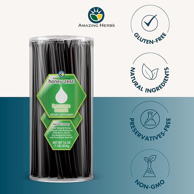 Amazing Herbs Raw Natural Honey - Herbal Honey Infused with Echinacea, Elderberry, Garlic, Eucalyptus Extracts & Pure Black Seed Oil, Non GMO, Gluten Free - Honeyzest Immune Boost Straws, 100 Count