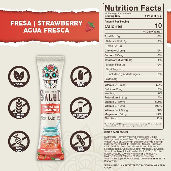 Salud 2-in-1 Hydration Packets + Immunity Electrolytes Powder, Strawberry - Fresca Agua Fresca Drink Mix, Elderberry, Dairy & Soy Free, Non-GMO, Gluten Free, Vegan, Low Calorie, 1g Sugar (15 Servings)