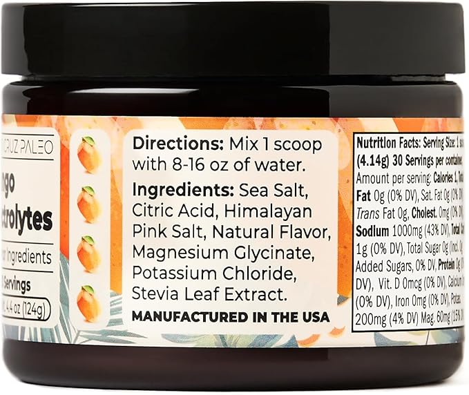 Santa Cruz Paleo Electrolyte Powder Mango with Himalayan & Sea Salt, Magnesium, Potassium, Sugar-Free, 30 Servings