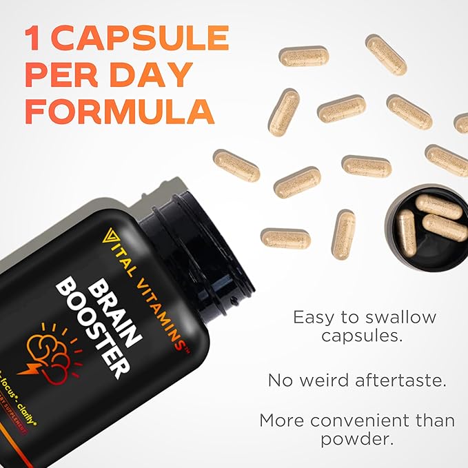 Vital Vitamins Brain Supplements for Memory and Focus – Nootropic Brain Booster with Ginkgo Biloba, Rhodiola, B12 – Caffeine-Free Support for Adults & Seniors – 30-Day Supply, 30 Capsules