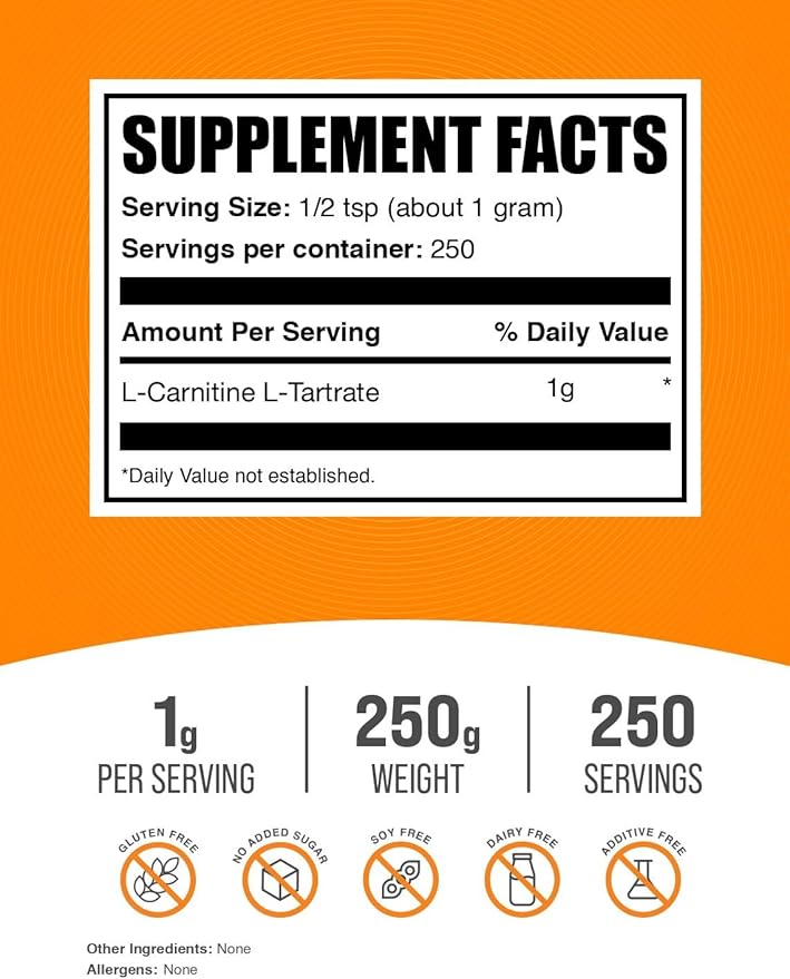 BulkSupplements.com L-Carnitine Tartrate Powder - Amino Acid Powder, Carnitine Supplement - Unflavored & Gluten Free, 1g per Serving, 250g (8.8 oz) (Pack of 1)