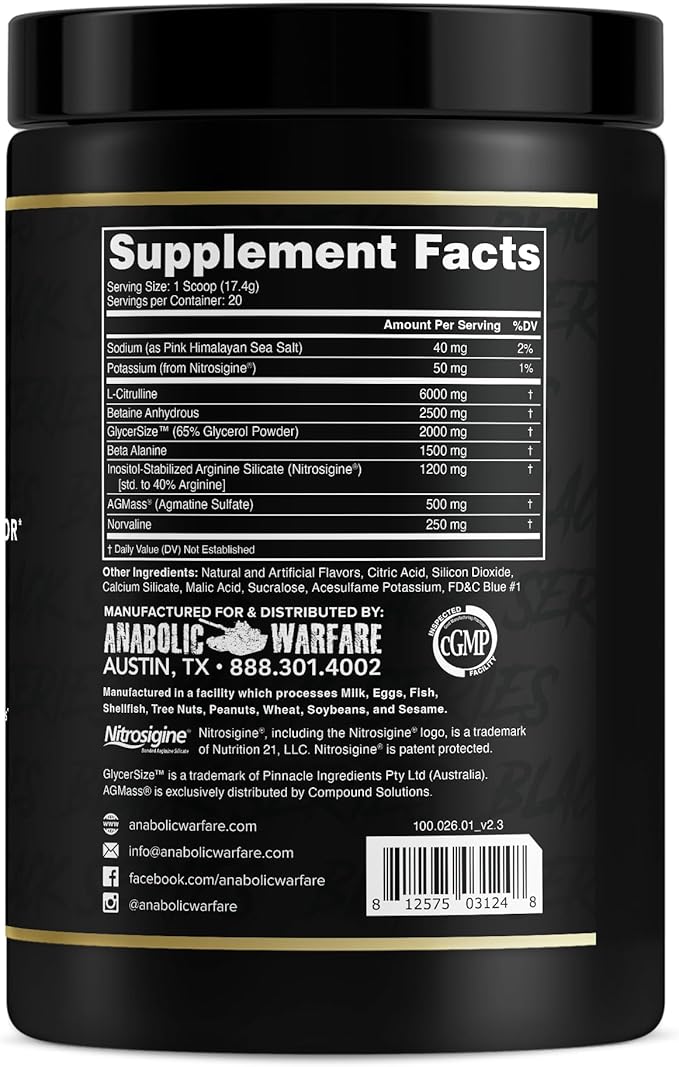 Anabolic Warfare Veiniac Muscle Pump Activator Supplement Stimulant Free Pre-Workout with L-Citrulline, Betaine Anhydrous, & Added AGMass™, Increases Nitric Oxide*, Freedom Slush 20 Servings