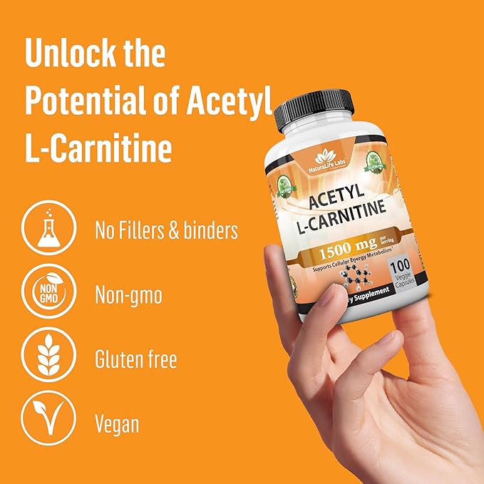 Acetyl L-Carnitine 1,500 mg High Potency Supports Energy Production, Sports Nutrition, Supports Memory/Focus - 100 Veggie Capsules