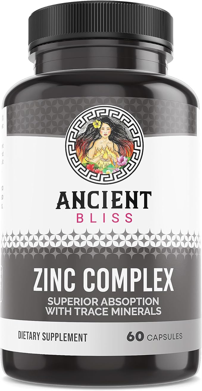 Zinc Complex Capsules with Enhanced Absorption, Antioxidant & Immune Support Supplement, Zinc Supplement for Men & Women by Ancient Bliss (60 Capsules)
